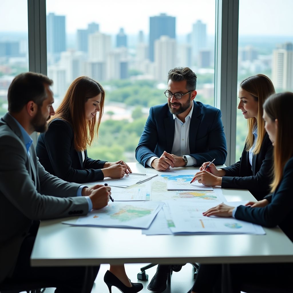 Equipo de analistas discutiendo un proyecto de inversión en una oficina moderna