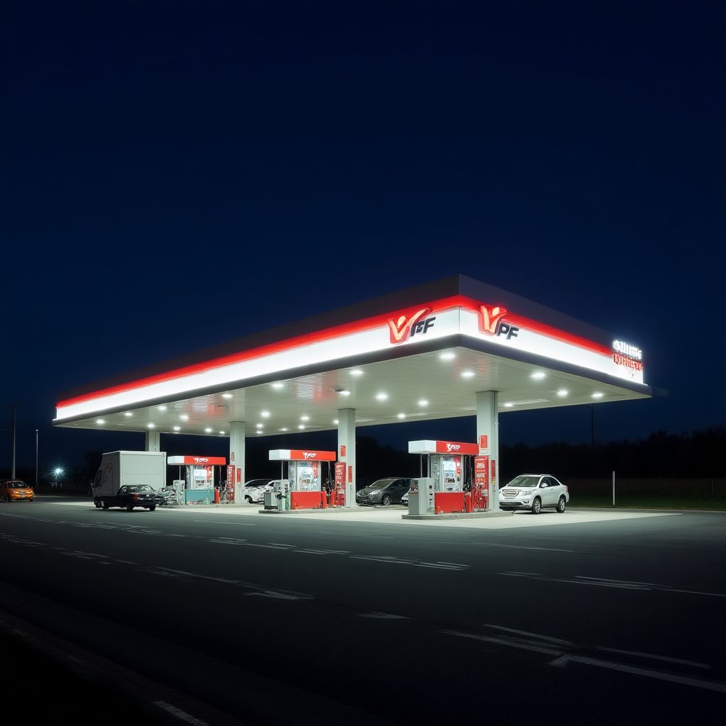 Gasolinera moderna y bien iluminada por la noche