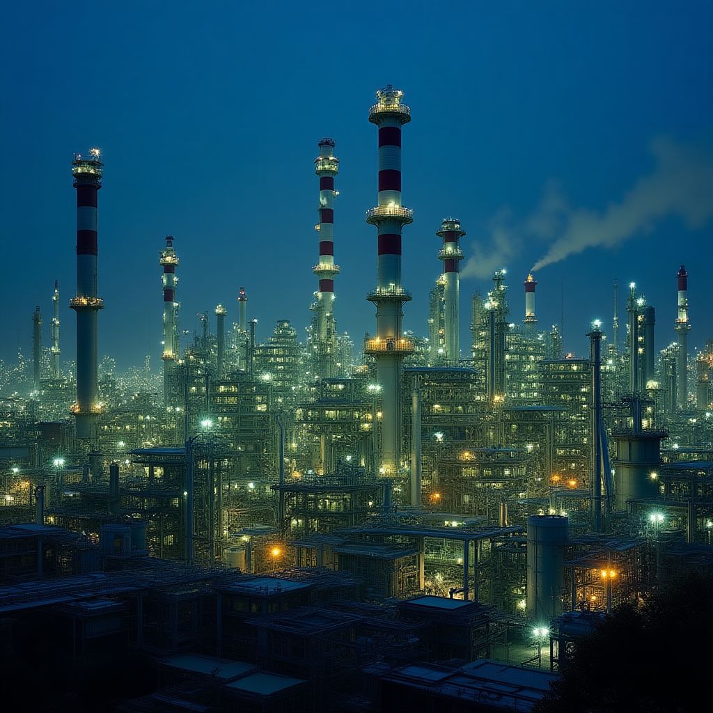 Refinería de petróleo al anochecer